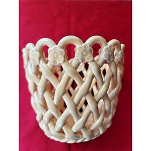 Braided Basket Candy Bowl Trellis Enamelled with Flowers Ceramic 5 x 4 in